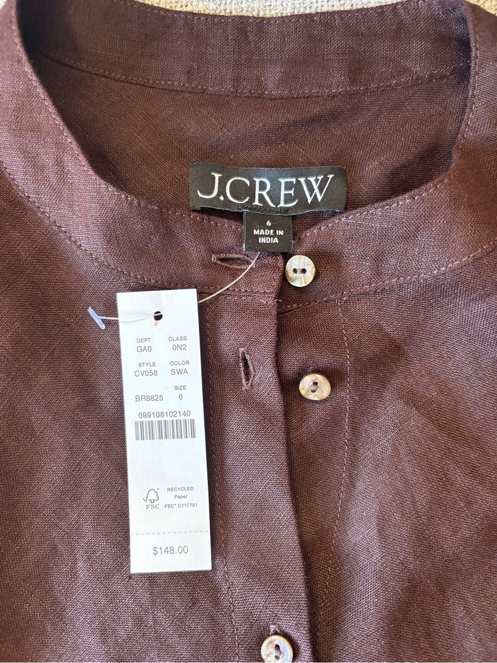 J. Crew Bias Cut Linen Shirt Smoked Walnut Brown Band collar Minimalist 6 - Picture 4 of 8